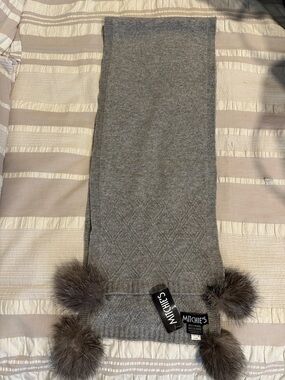 Mitchie's Gray cable Knit Scarf with indigo fox Pom Poms